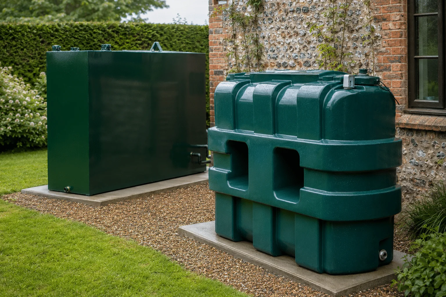 Domestic heating oil storage tanks installed on prepared bases